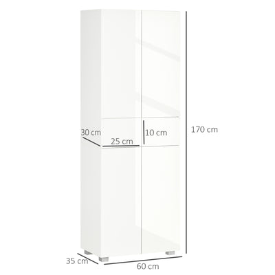 HOMCOM 4-Door Kitchen Cupboard, Freestanding 5-Tier Storage Cabinet with 3 Adjustable Shelves, 2 Drawers for Living Room, Dining Room, Push to Open Design, High Gloss White 