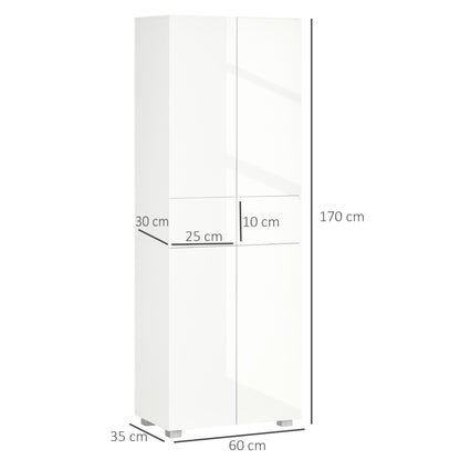 HOMCOM 4-Door Kitchen Cupboard, Freestanding 5-Tier Storage Cabinet with 3 Adjustable Shelves, 2 Drawers for Living Room, Dining Room, Push to Open Design, High Gloss White