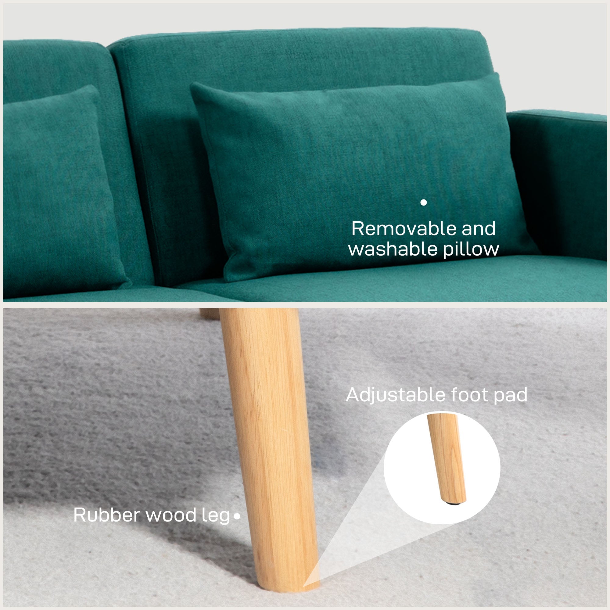 HOMCOM 2/3 Seater Sofa Bed, Convertible Bed Settee, Fabric Sofa Couch with 2 Cushions for Living Room, Guest Room, Green 