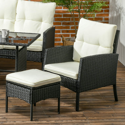 Outsunny 5 Seater Rattan Garden Furniture Set, 2 Armchairs, 3-Seater Wicker Sofa, 2 Footstools and Glass Table, 6 Piece Patio Rattan furniture Sofa Sets with Cushions for Conservatory, White 