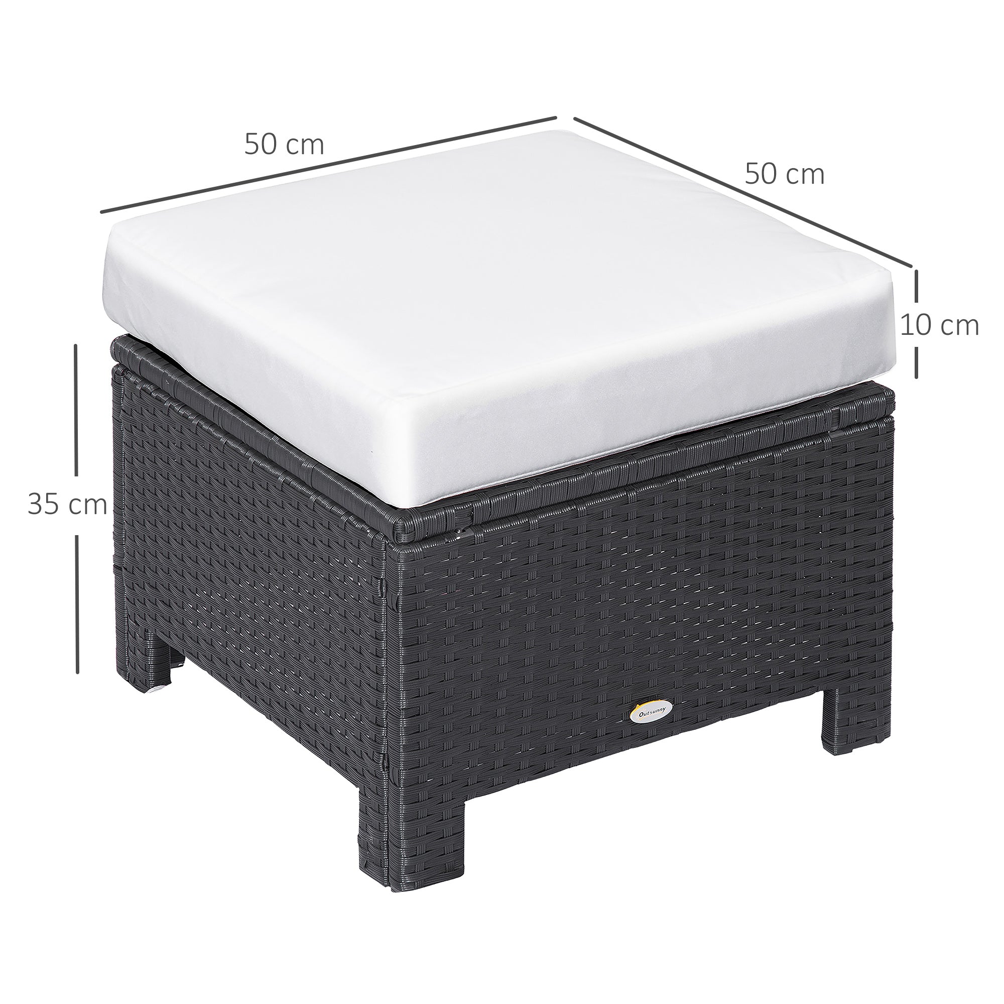 Outsunny Rattan Footstool Wicker Ottoman with Padded Seat Cushion Outdoor Patio Furniture for Garden Poolside Living Room, 50 x 50 x 35 cm, Black 