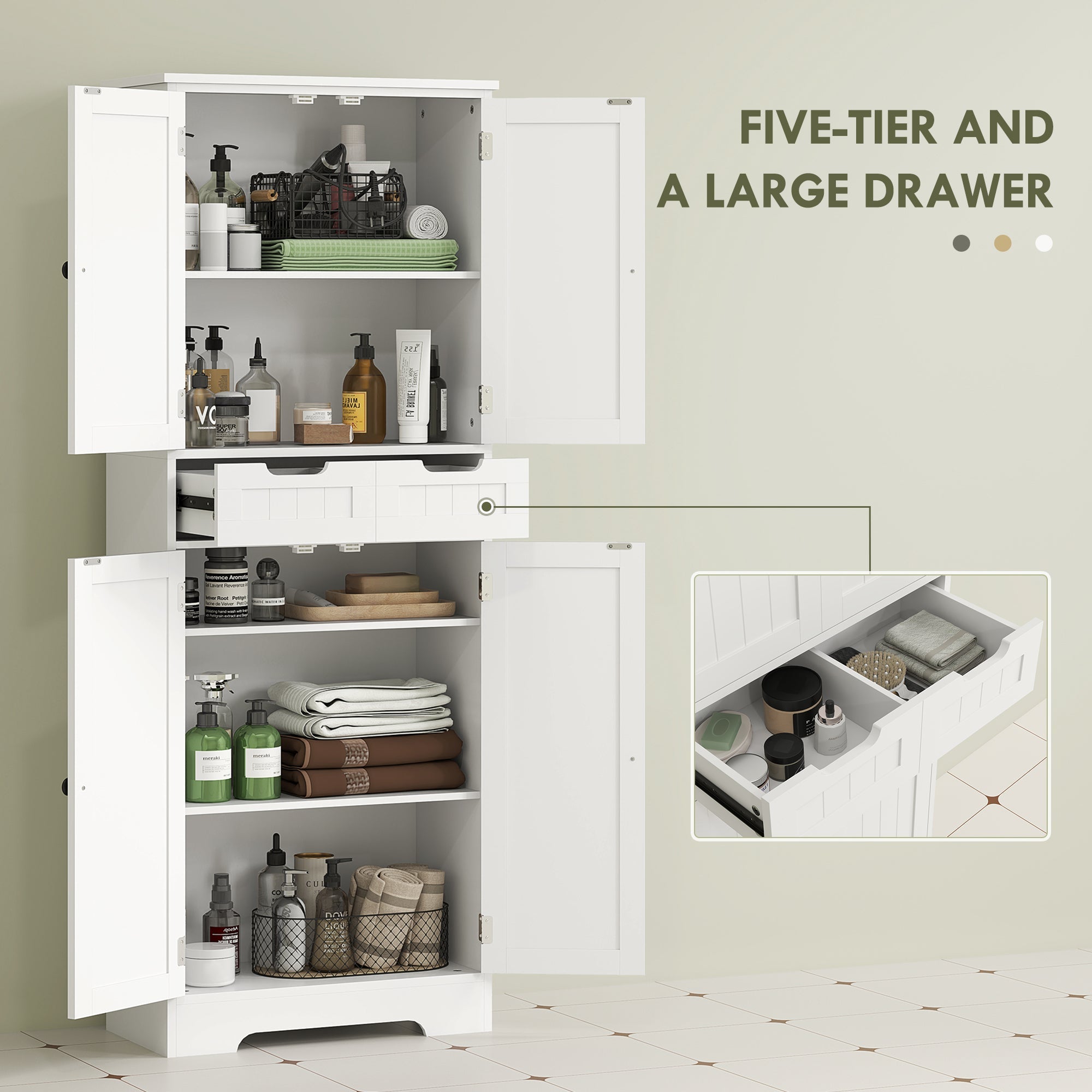 HOMCOM Tall Bathroom Cabinet, Freestanding Storage Cupboard, Bathroom Storage Cabinet with Drawer, Adjustable Shelf and Doors, 60 x 30 x 160 cm, White 