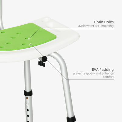 HOMCOM Shower Stool with Backrest, Height Adjustable Shower Chair with Anti-slip Foot Pads, Shower Head Holder, Green 