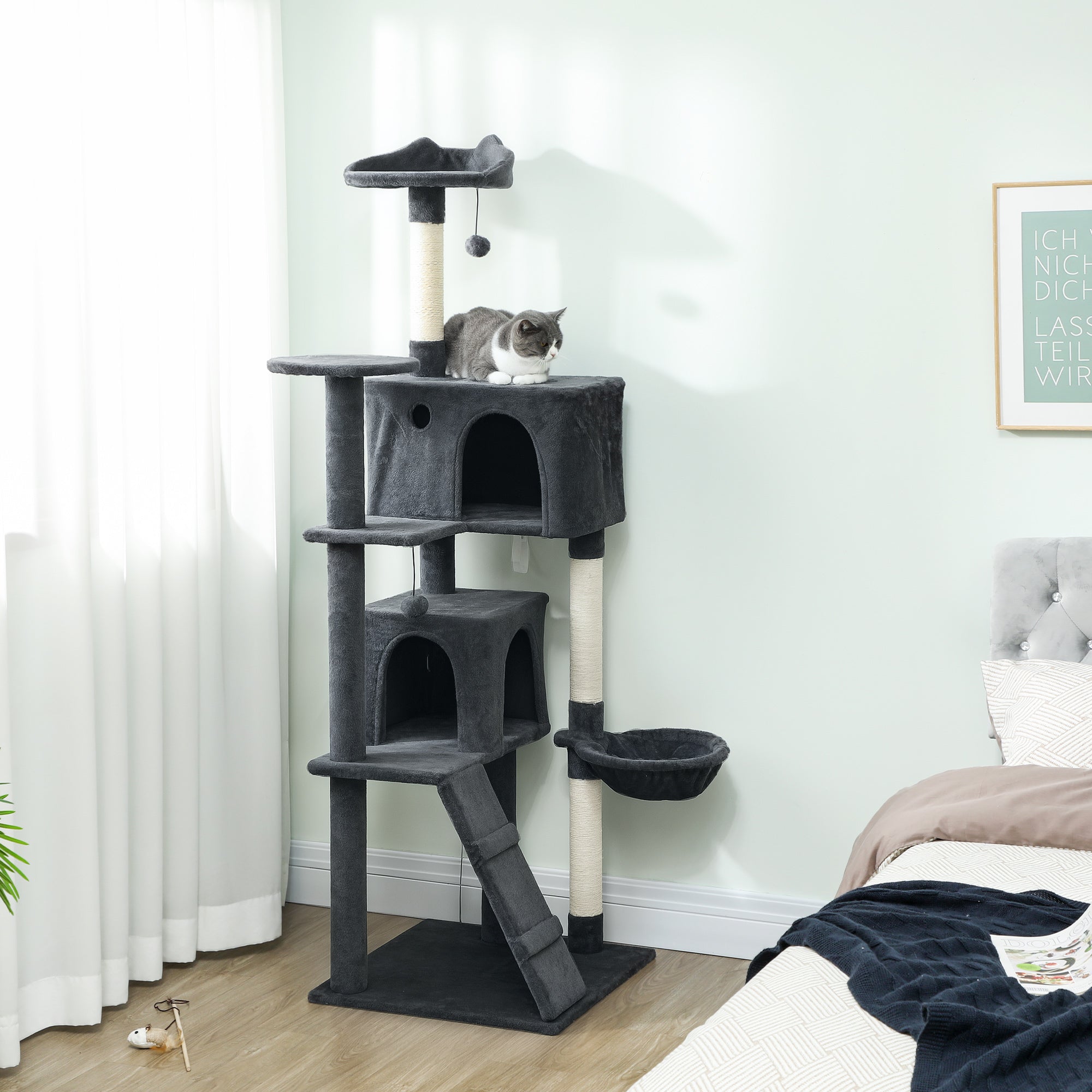PawHut 180cm Large Cat Tree Tower with Sisal Scratching Posts, Condos, Plush Perches, Hammock, Ladder, Dark Grey 