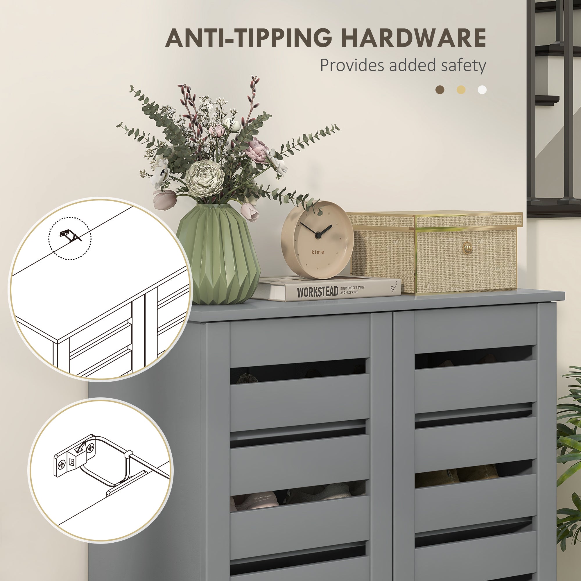 HOMCOM Narrow Shoe Cabinet for Entryway, 5-Tier Slim Shoe Storage Cabinet with 2 Slatted Doors and Adjustable Shelves Grey 