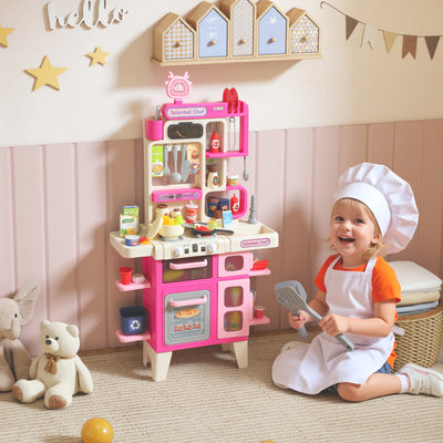 AIYAPLAY Pretend Play Kitchen Set with Realistic Lights & Sounds, 104PCS Toy Kitchen Accessories for Boys and Girls, Pink 