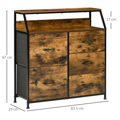 HOMCOM Bedroom Chest of Drawers, Industrial 5 Fabric Drawer Dresser with Open Shelf for Living Room, Rustic Brown 