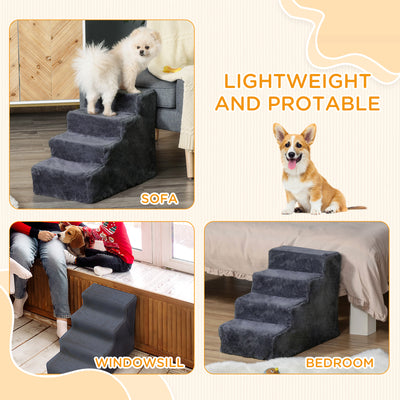 PawHut Four-Step Dog Stairs, with Washable Plush Cover, for High Bed Sofa, Dog Stairs for Small Dog and Cat - Dark Grey 