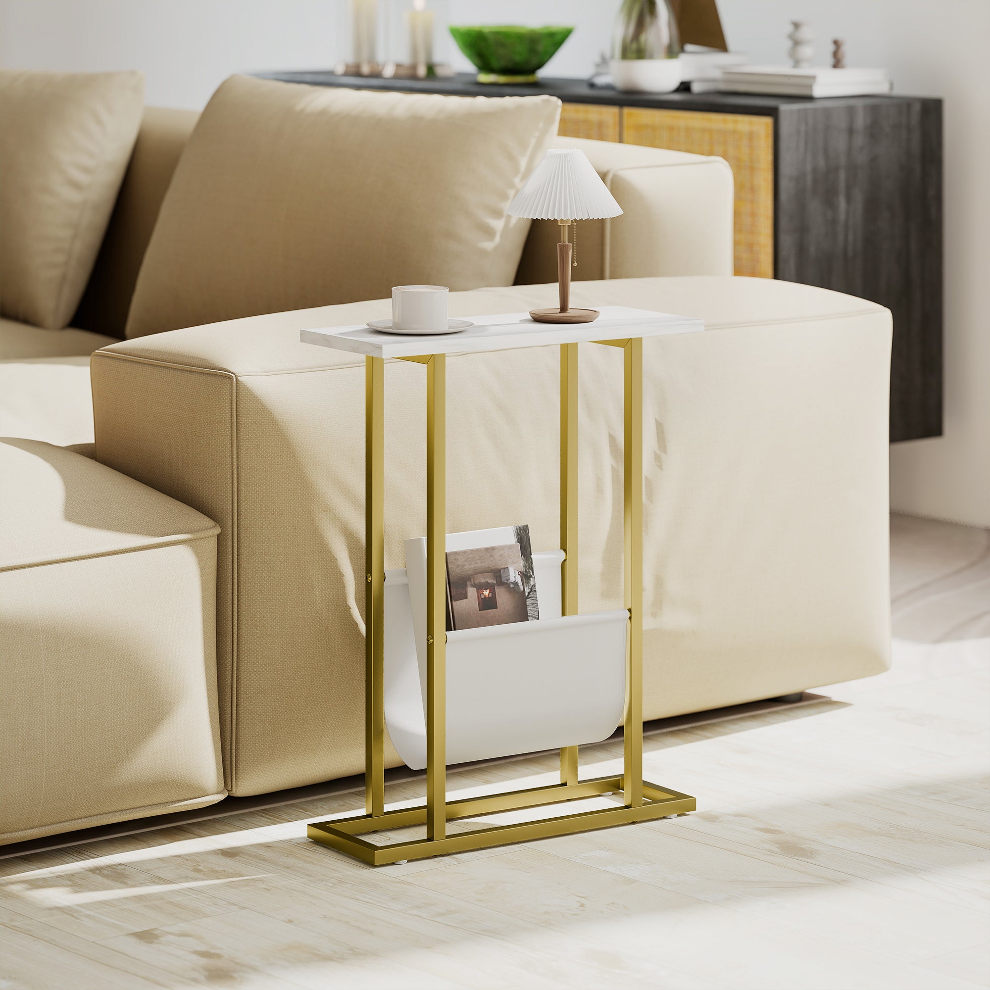 HOMCOM Narrow Side Table, End Table with Magazine Holder, Nightstand for Small Spaces, Living Room, Bedroom, White Marble Grain 