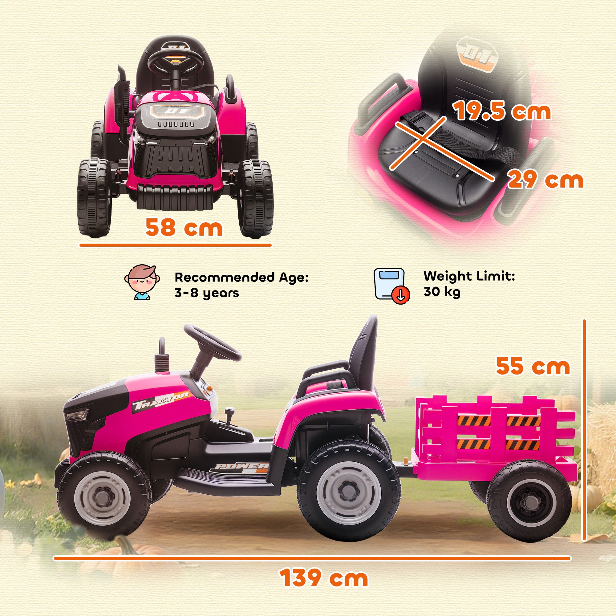 AIYAPLAY 12V Ride on Tractor and Trailer with Remote Control, Music, Shifter, Start-Up Sound, for Kids Ages 3-8 Years, Pink