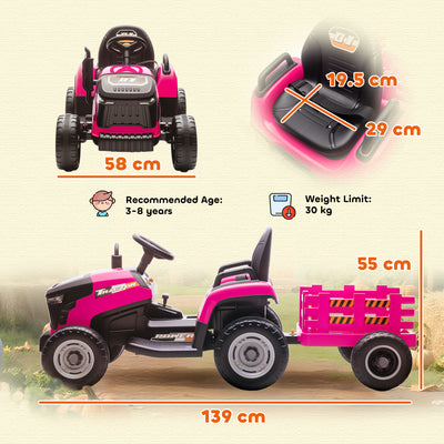 AIYAPLAY 12V Ride on Tractor and Trailer with Remote Control, Music, Shifter, Start-Up Sound, for Kids Ages 3-8 Years, Pink 