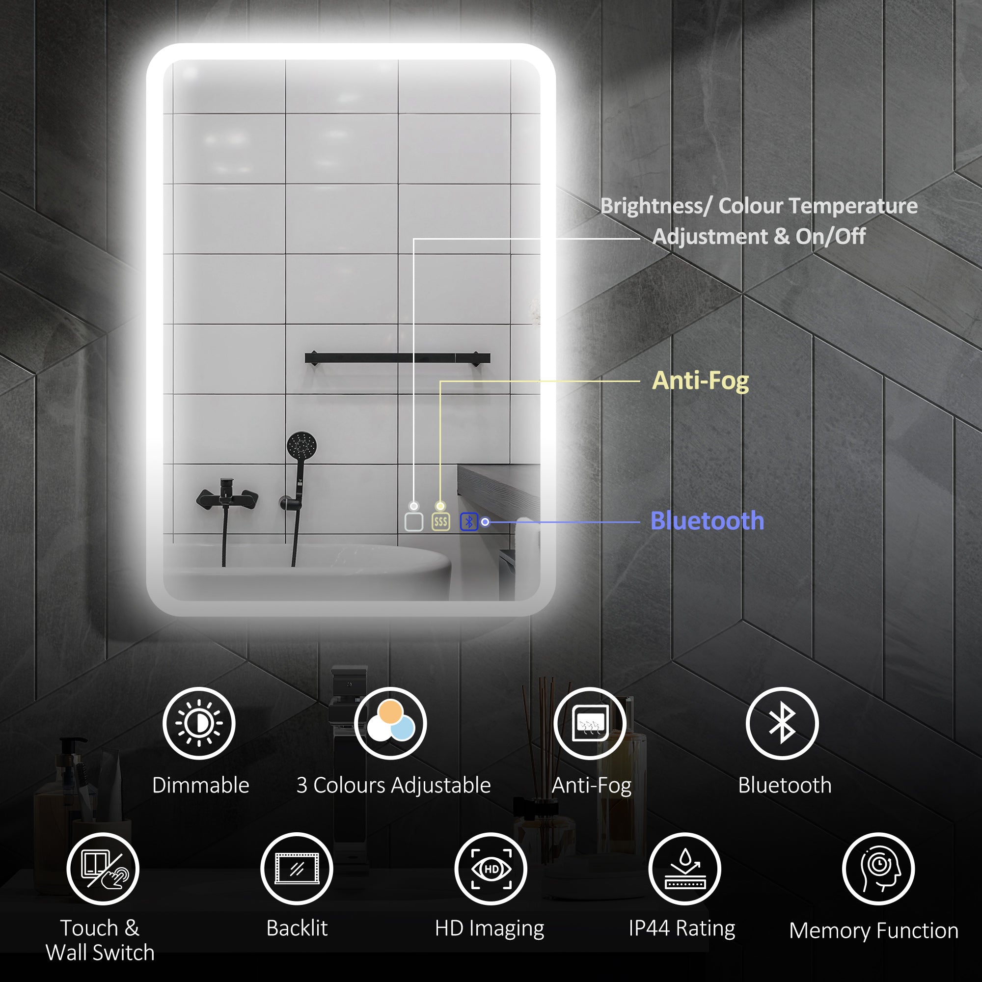 HOMCOM 50 x 70 cm Backlit Illuminated Bathroom Mirror with LED Lights and Bluetooth - Silver Tone