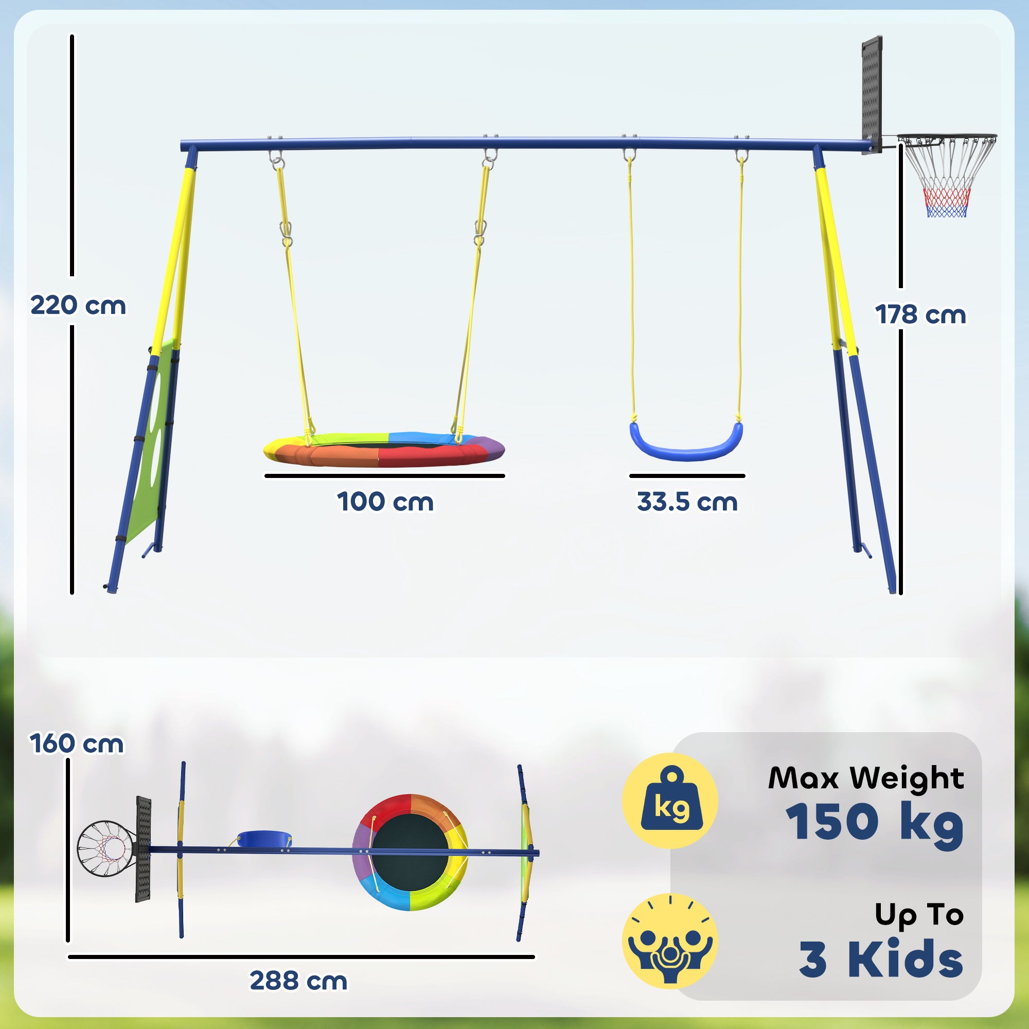 AIYAPLAY 4-in-1 Kids Swing Set with Saucer Swing, Basketball Hoop and Football Goal, Outdoor Playground Playset for Garden 