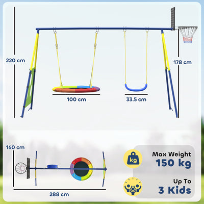 AIYAPLAY 4-in-1 Kids Swing Set with Saucer Swing, Basketball Hoop and Football Goal, Outdoor Playground Playset for Garden 