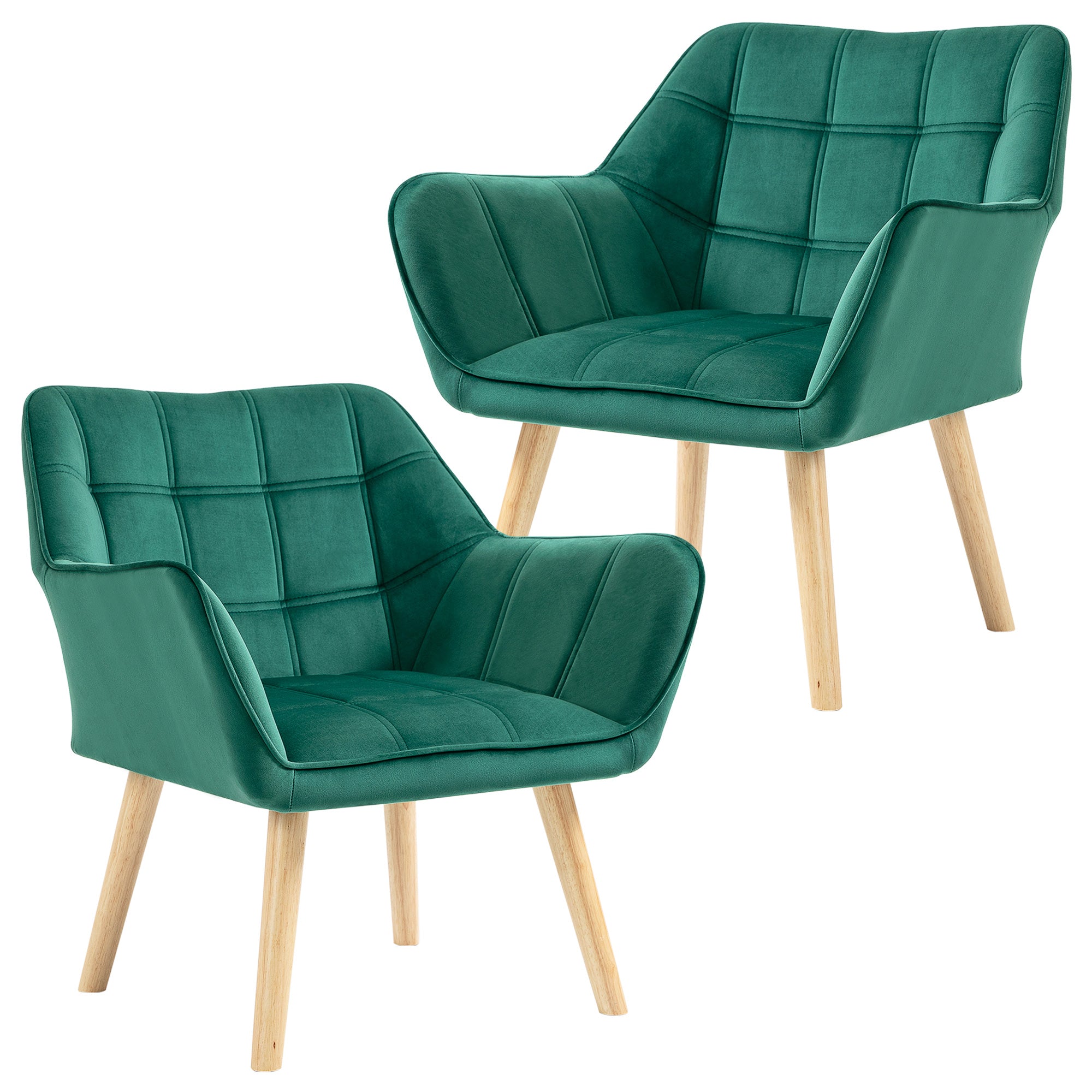 HOMCOM Armchair Accent Chair, Vanity Chair with Wide Arms, Slanted Back, Padding, Metal Frame, Wooden Legs, Home Bedroom Furniture Seating, Set of 2, Green 