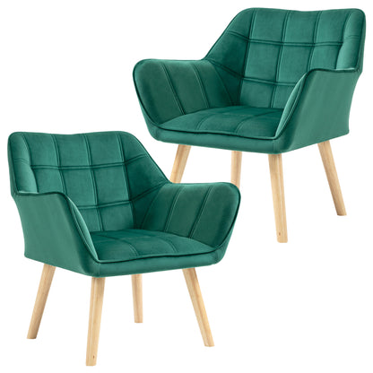 HOMCOM Armchair Accent Chair, Vanity Chair with Wide Arms, Slanted Back, Padding, Metal Frame, Wooden Legs, Home Bedroom Furniture Seating, Set of 2, Green 