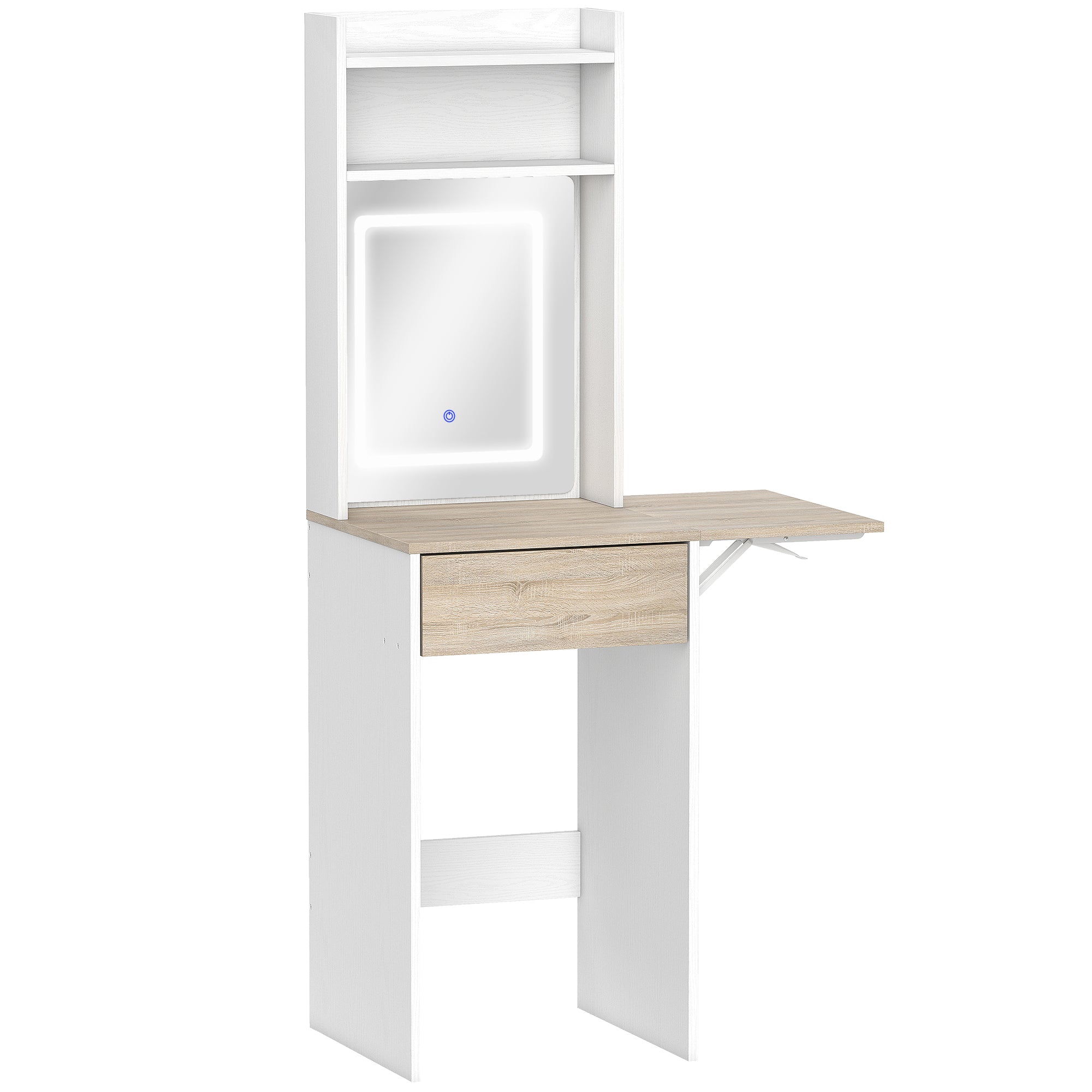HOMCOM Small Vanity Desk with Mirror and LED Lights, Compact Dressing Table with Drop Leaf, Open Shelves and Drawer, White 