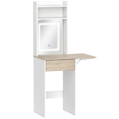 HOMCOM Small Vanity Desk with Mirror and LED Lights, Compact Dressing Table with Drop Leaf, Open Shelves and Drawer, White 