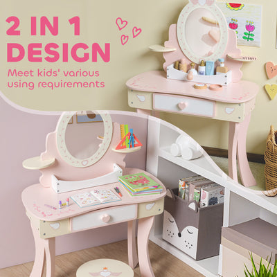 AIYAPLAY Kids Dressing Table, Girls Vanity Set with Mirror and Stool, 7 Play Accessories, Drawer, Desktop Storage, Pink 