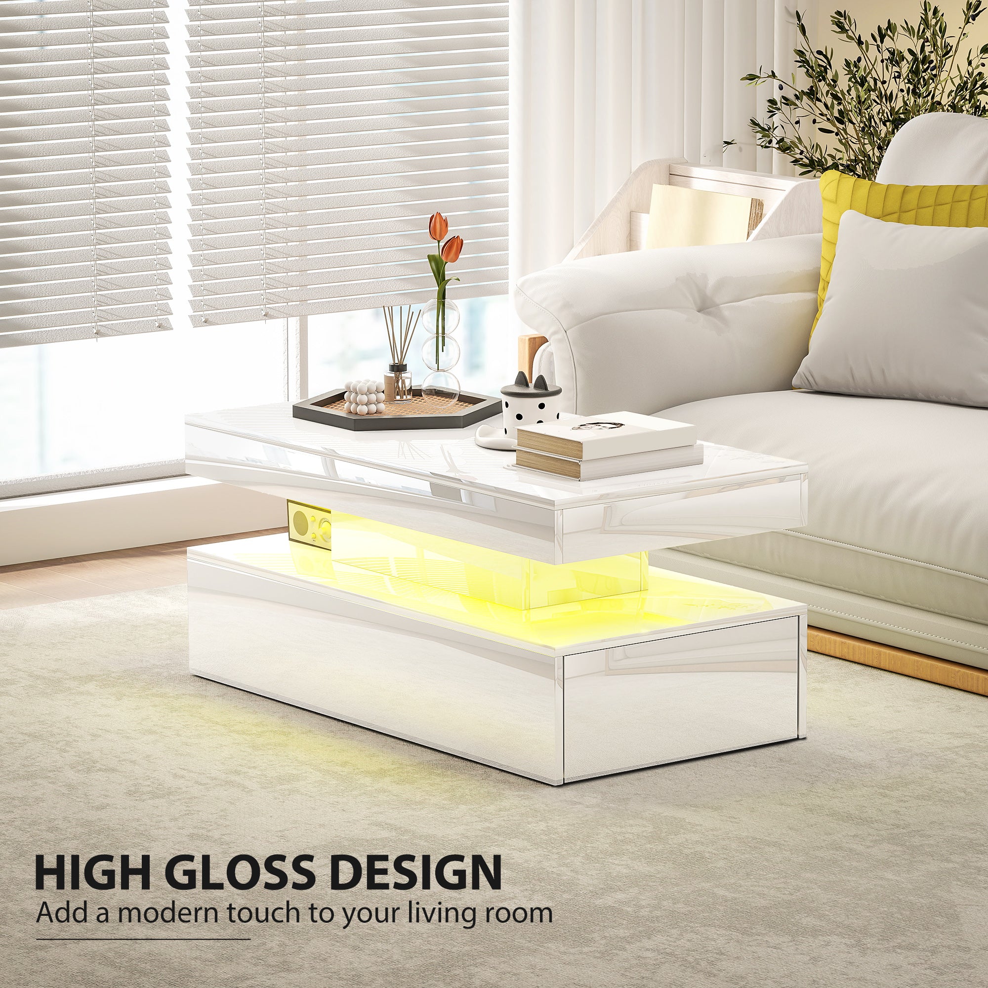 HOMCOM LED Coffee Table with Storage - High Gloss White