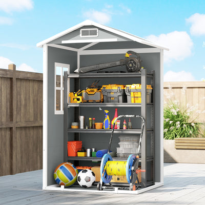 Outsunny 4 x 3 ft Plastic Garden Shed with Floor, Outdoor Storage Shed with Lockable Door, Window and Vent, Light Grey 