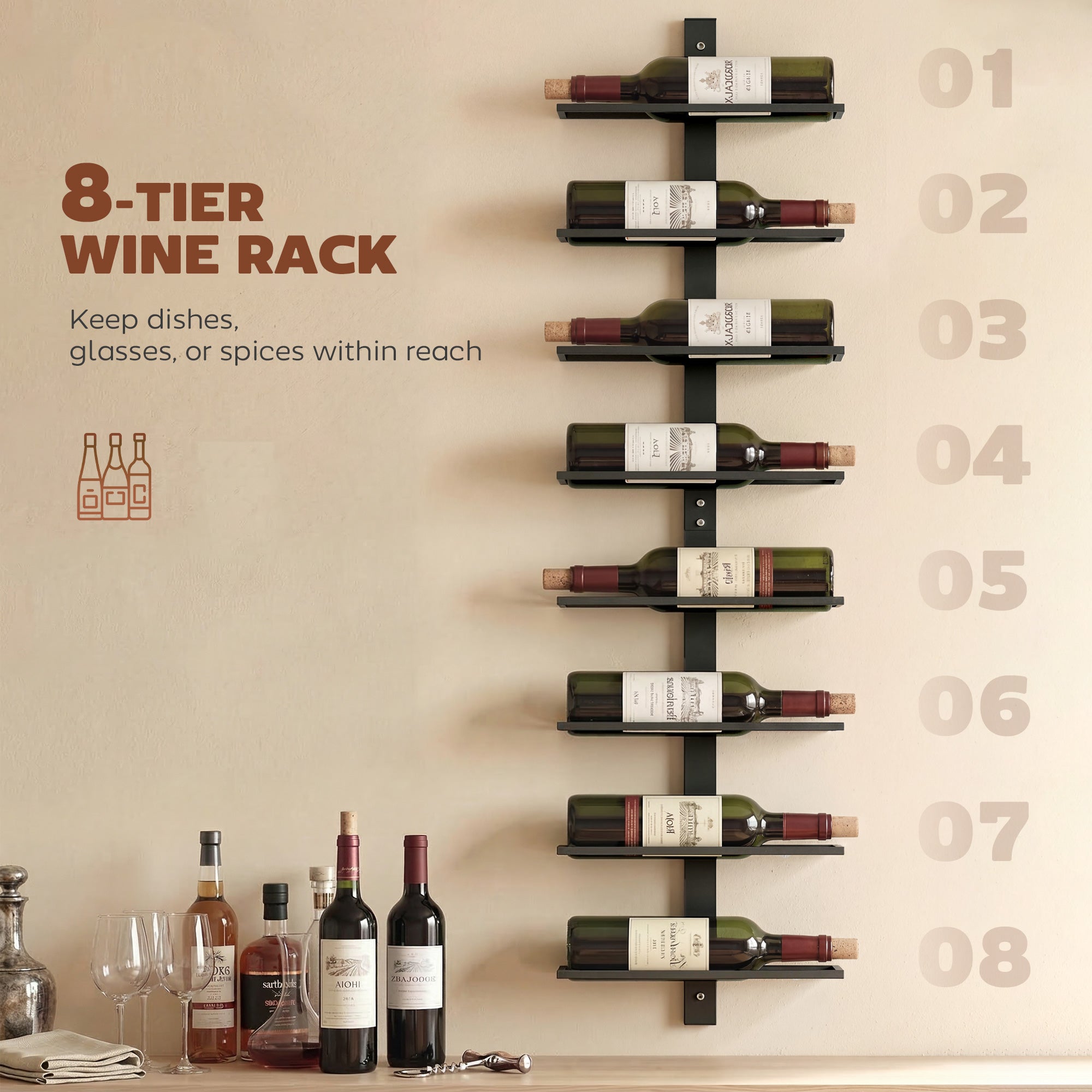 HOMCOM Wall Mounted Wine Rack, 8 Tier Metal Wine Display Rack, Storage Holder for Kitchen, Black 