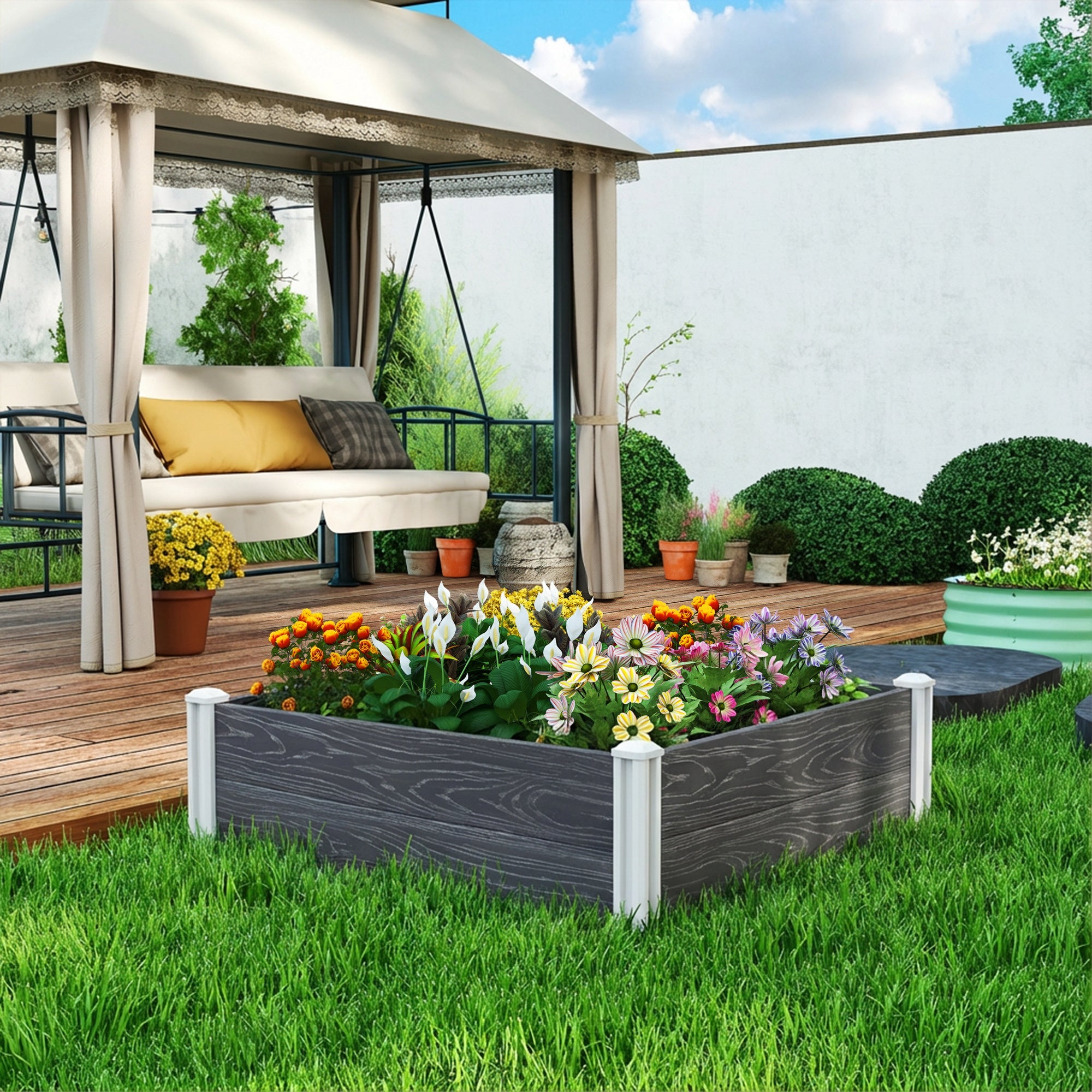 Outsunny Vinyl Raised Garden Bed Kit, 3 x 3 x 1ft Modular Elevated Garden Box with Slotting Legs and Open Bottom, Dark Grey 