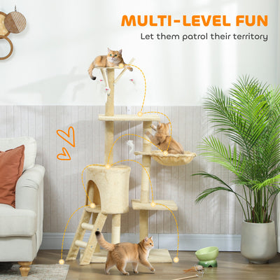 PawHut Multi-Level Cat Tower, 134cm Cat Tree with Condo and Sisal Scratching Posts for Indoor Kittens, Beige 
