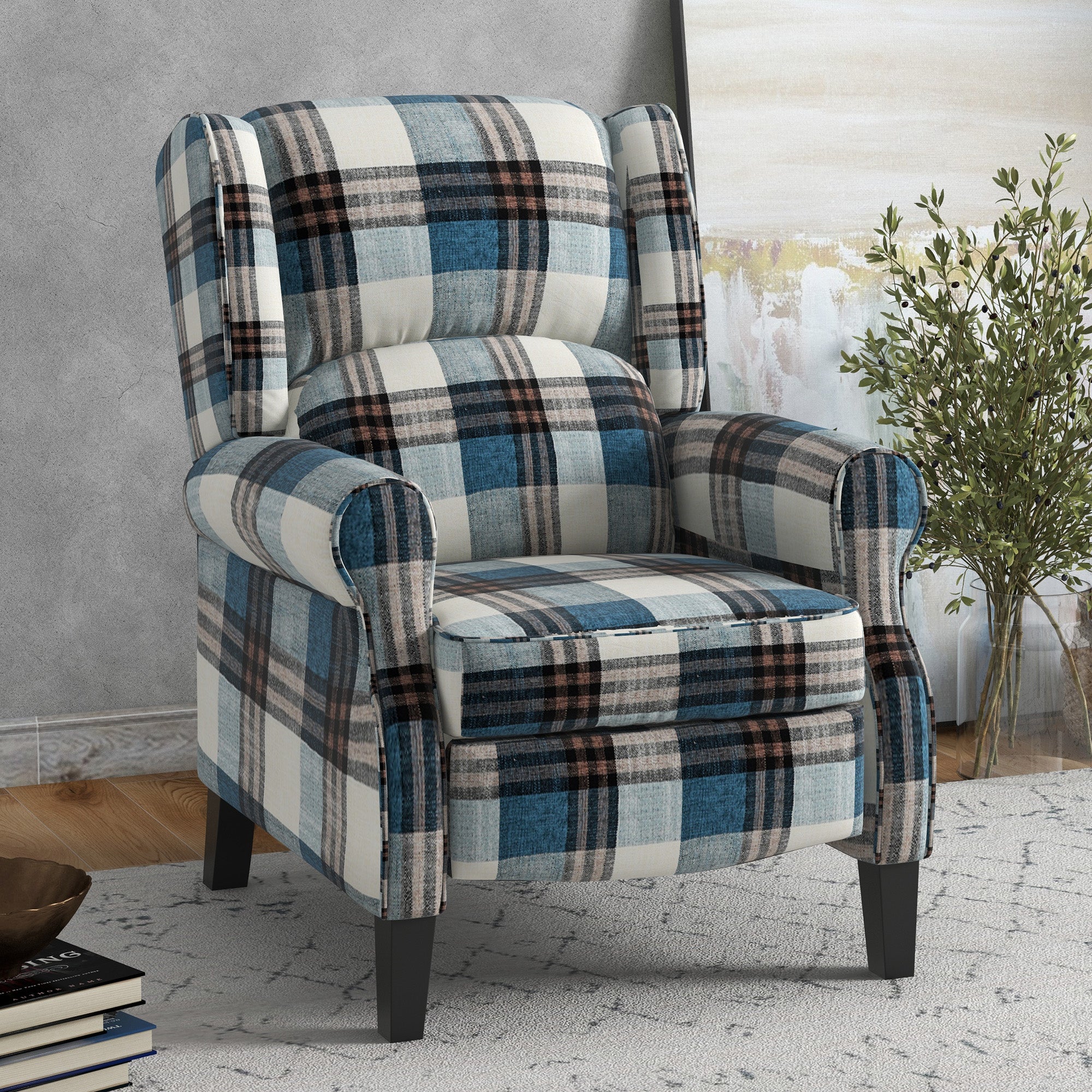 HOMCOM Wingback Reclining Chair Push Back Recliner Armchair for Living Room Bedroom with Footrest Armrests Wood Legs Blue 