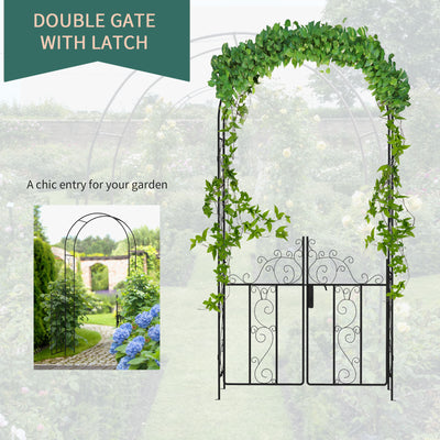 Outsunny Outdoor Garden Arch with Double Gates, Metal Garden Arbor for Climbing Plants, Roses, Vines, Wedding Arch for Outdoor, 125L x 38W x 227H cm, Black 