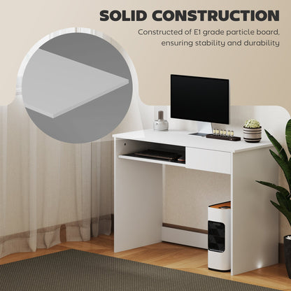 HOMCOM Compact Computer Desk with Keyboard Tray, Home Office Desk with Drawer for Bedroom Study, White 