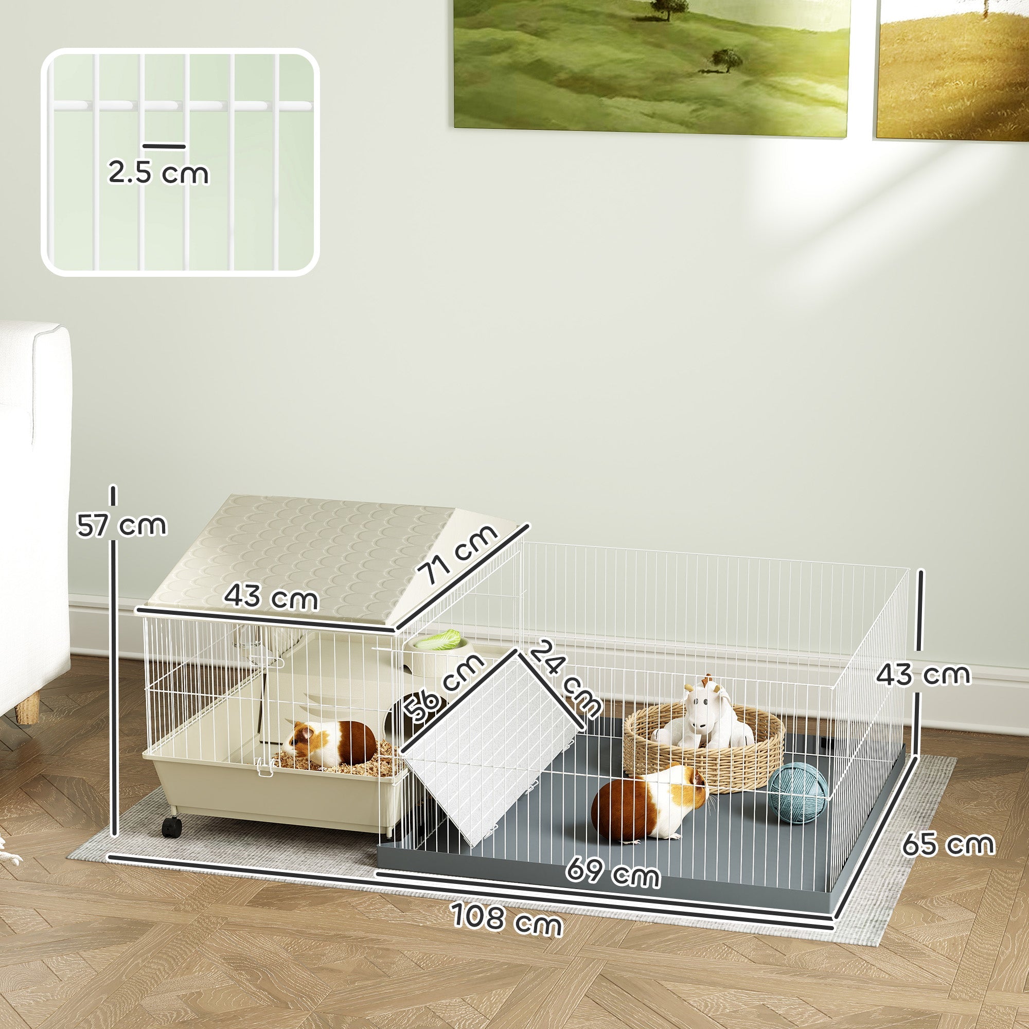 PawHut Small Animal Cage with Removable Pet Playpen, Guinea Pig Cage with Waterproof Pad, Hay Feeder, 108 x 71 x 57cm, Beige 