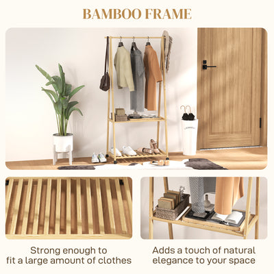 HOMCOM Bamboo Clothes Rack, with Shelves and Hooks - Natural Finish 