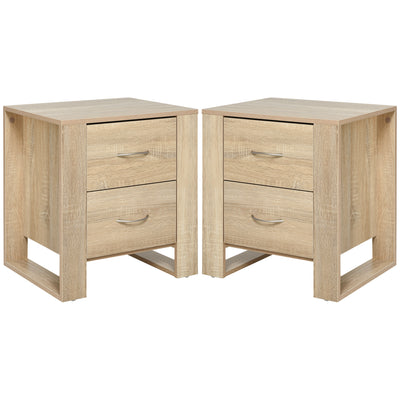 HOMCOM Bedside Table with 2 Drawers, Nightstand with Handles and Elevated Base, Side Table for Bedroom, Living Room, Set of 2, Brown 