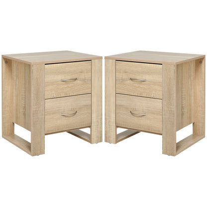 HOMCOM Bedside Table with 2 Drawers, Nightstand with Handles and Elevated Base, Side Table for Bedroom, Living Room, Set of 2, Brown
