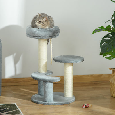PawHut 65cm Cat Tree, Cat Tower for Kittens, Small Cat Condo with Sisal Scratching Posts, Hanging Rope, Perches - Grey 
