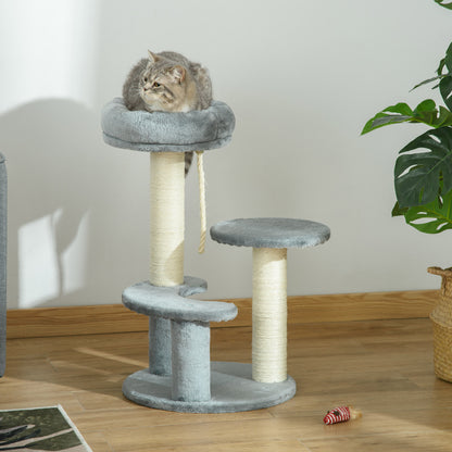 PawHut 65cm Cat Tree, Cat Tower for Kittens, Small Cat Condo with Sisal Scratching Posts, Hanging Rope, Perches - Grey 