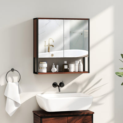 HOMCOM Bathroom Mirror Cabinet with Soft-Close Doors and Adjustable Shelf - Natural Wood Finish 