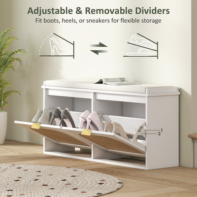 HOMCOM Boho Shoe Bench with Padded Seat and 2 Flip-Drawers - White 
