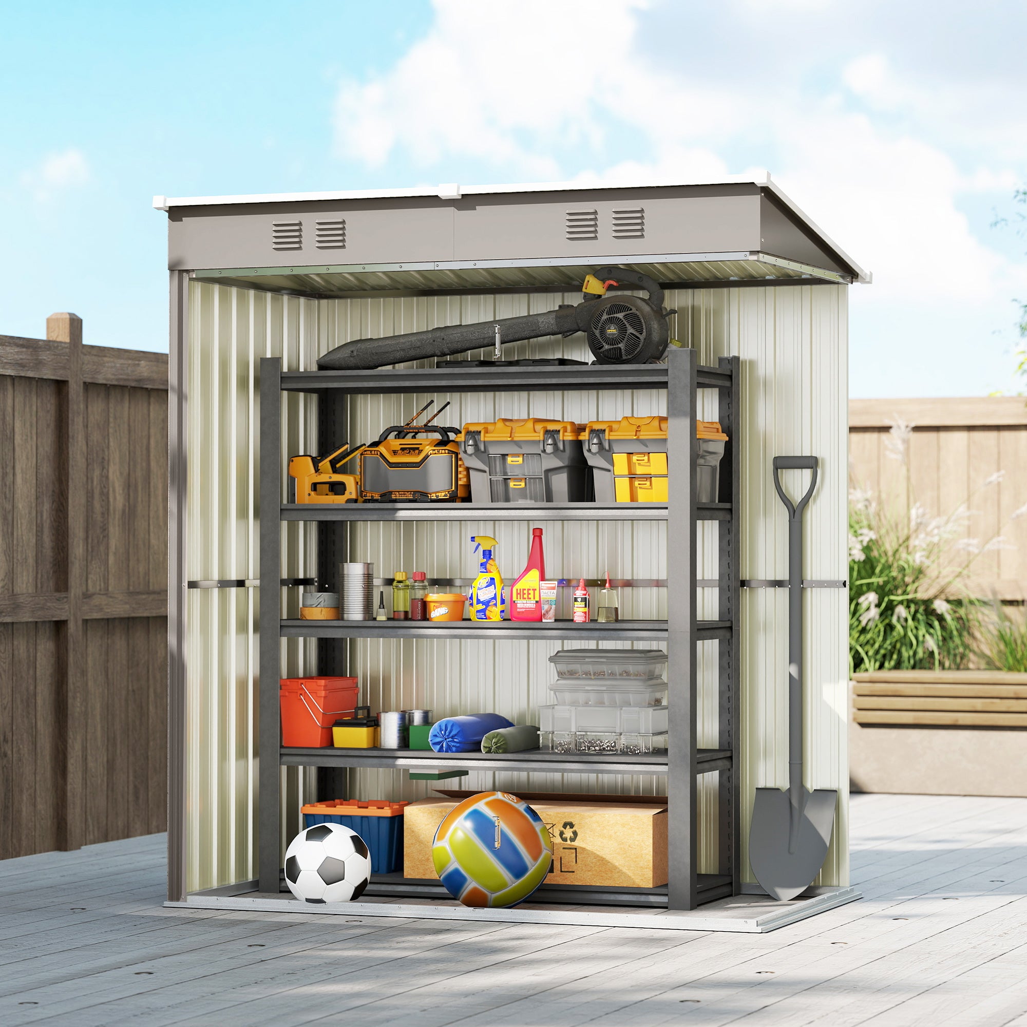 Outsunny 5 x 3 ft Lean-to Garden Shed, Outdoor Storage Shed with Lockable Door and Vents, Light Grey 