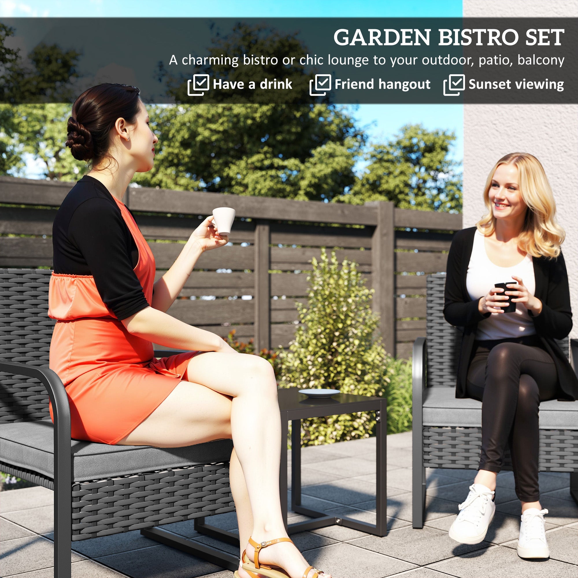 Outsunny Rattan Bistro Set, 3 Piece Garden Furniture Set with Cushions and Glass Top Table, Black 