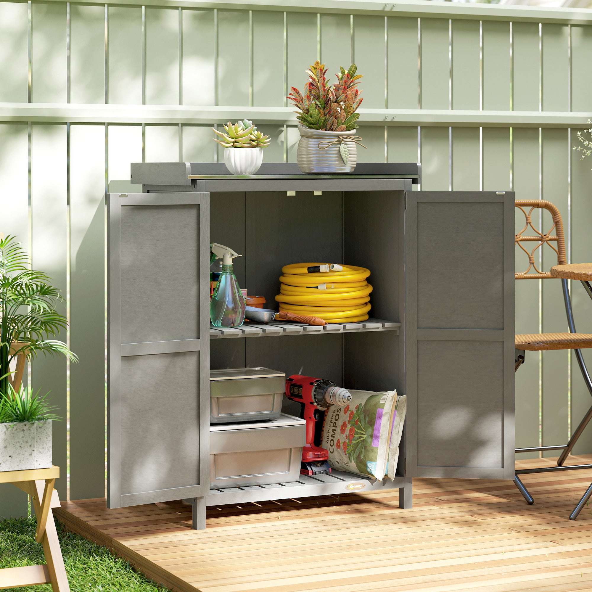 Outsunny Wooden Garden Shed, Garden Tool Storage Shed with Shelf and Side Hooks, 71.5 x 39 x 95 cm, Grey 