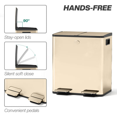 HOMCOM 40L Dual Compartment Stainless Steel Bin, with Deodoriser Holders - Gold Tone 