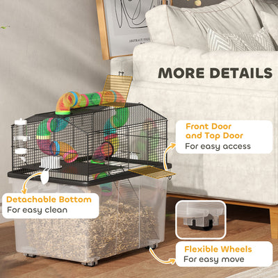 PawHut 2 Tier Hamster Cage with 31cm Deep Tray, Tube System, Water Bottle, Ramp, Feeding Bowl, 58 x 43 x 57cm, Multicolour 