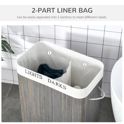 HOMCOM 100L Laundry Basket with Lid String Handles, 2 Section Collapsible Hamper Removable Lining Foldable Water-Resistant Dirty Clothes Storage, Grey 