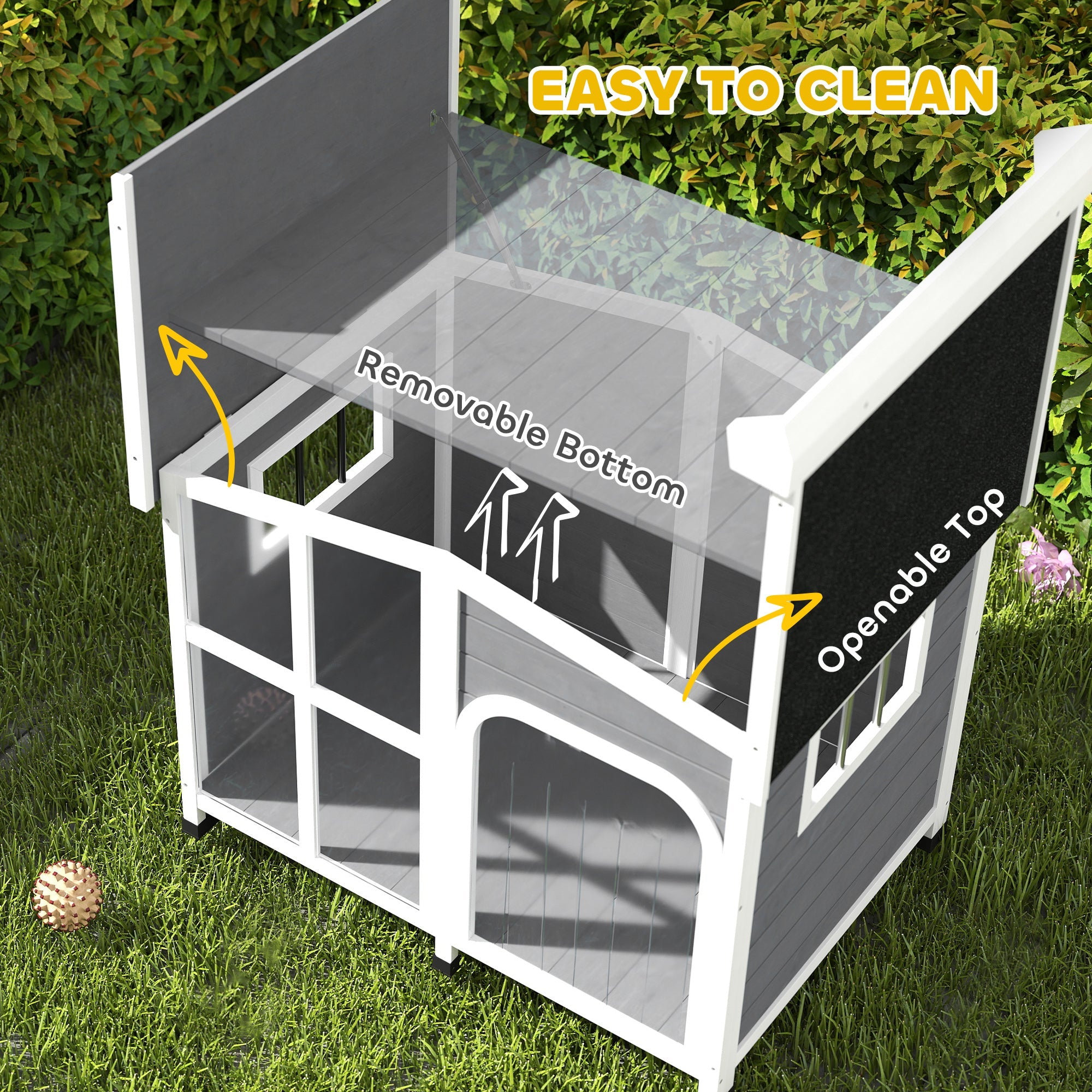 PawHut Wooden Dog Kennel with Removable Floor, Asphalt and Openable Roof, Giant Window for Large Dogs, Charcoal Grey 