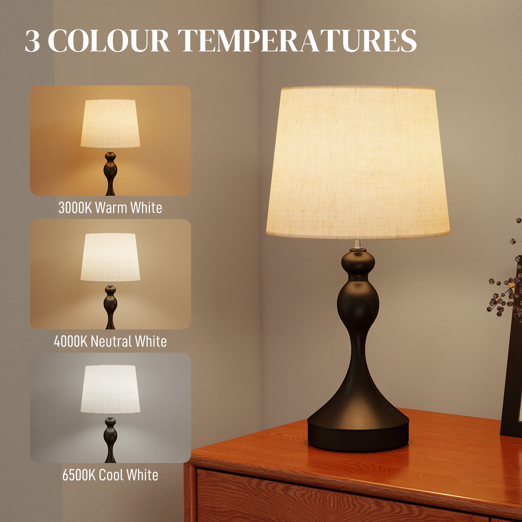 HOMCOM Set of Two Three-Colour Lamps, with USB Ports - Black/Beige 