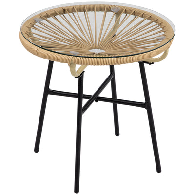 Outsunny Rattan Side Table, Round Outdoor Coffee Table, with Round PE Rattan and Tempered Glass Table Top for Patio, Garden, Balcony, Beige 