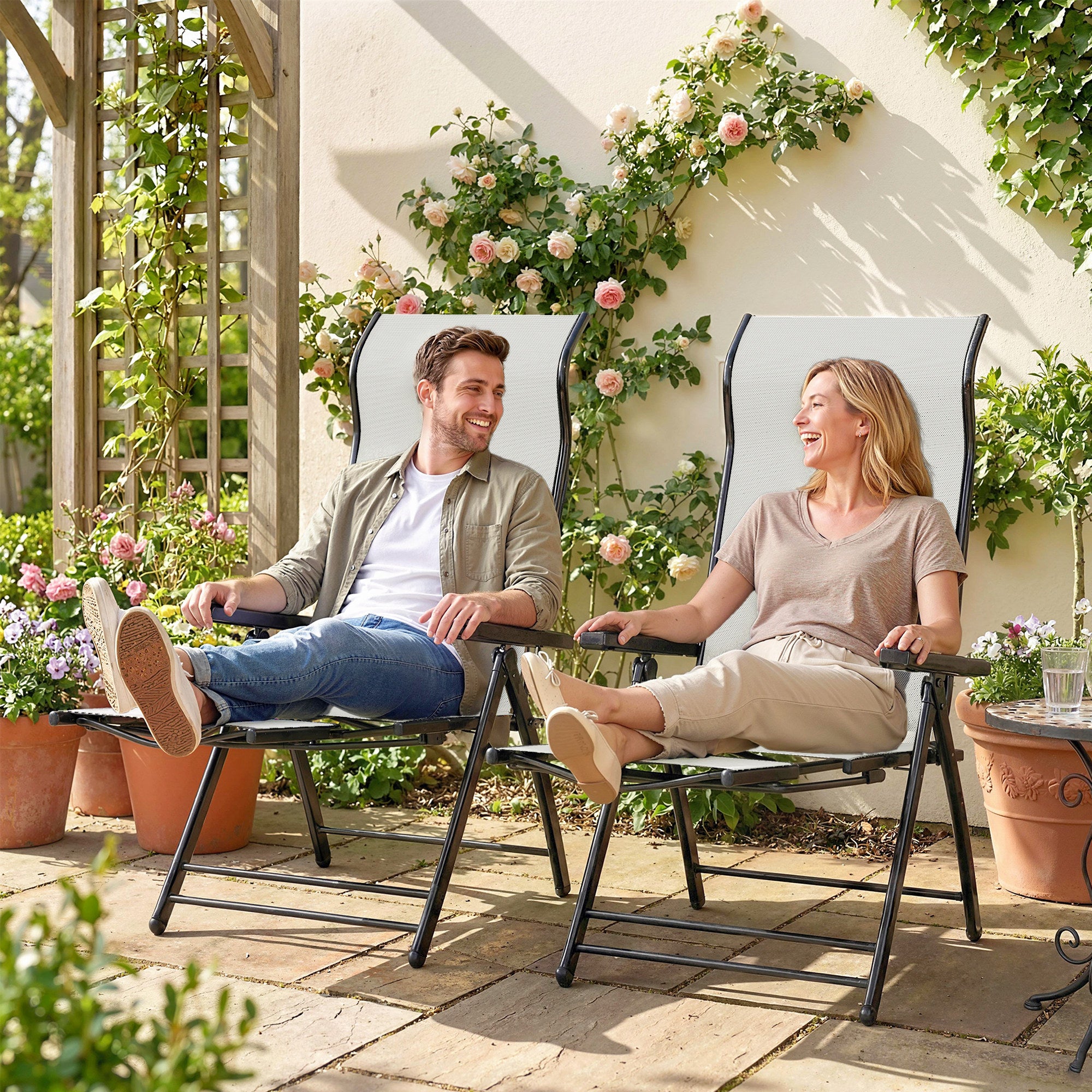 Outsunny Reclining Garden Chairs Set of 2, 5-Position Folding Sun Loungers with High Back, Retractable Footrest, Light Grey 
