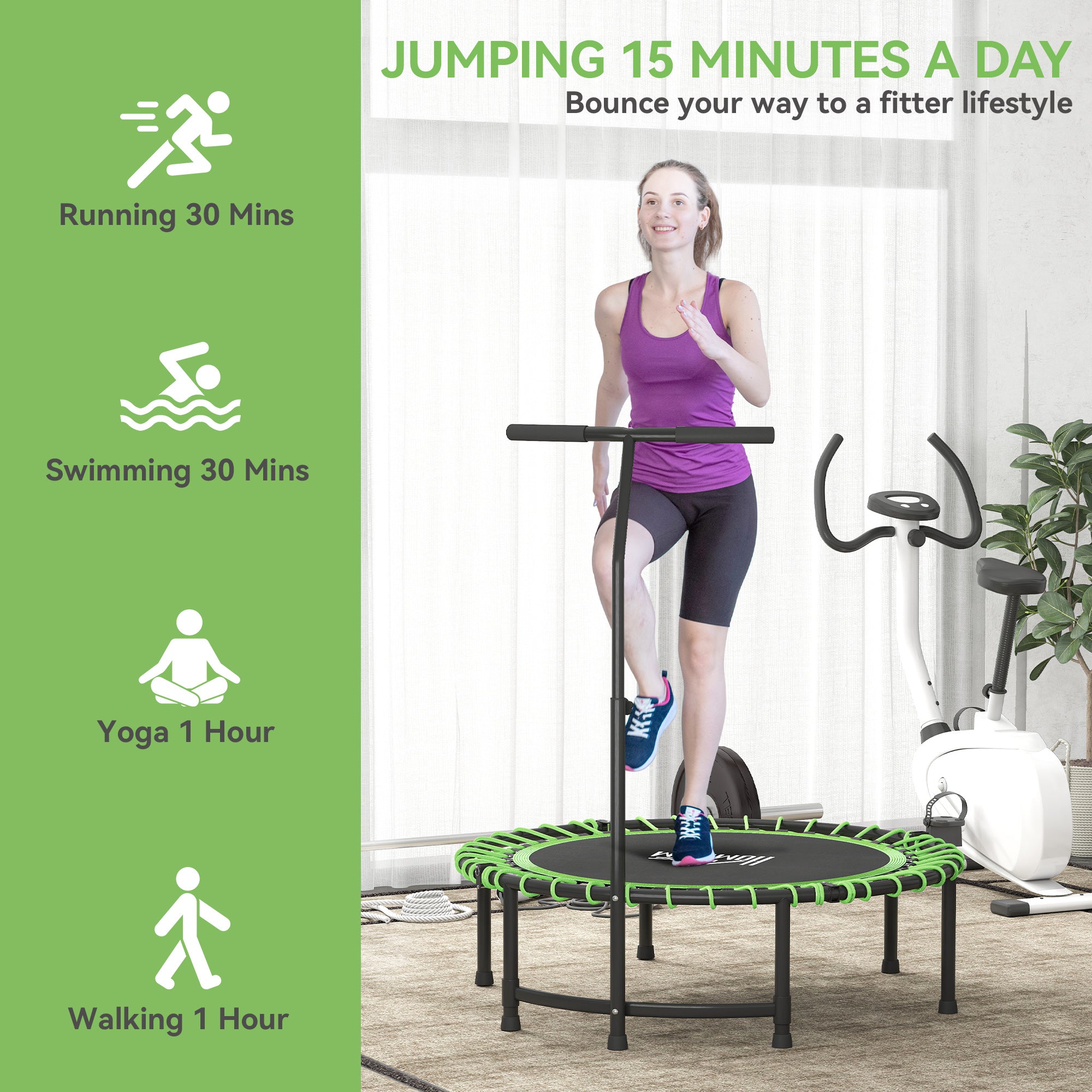HOMCOM Mini Round Steel Frame Trampoline w/ Adjustable Handle, Green